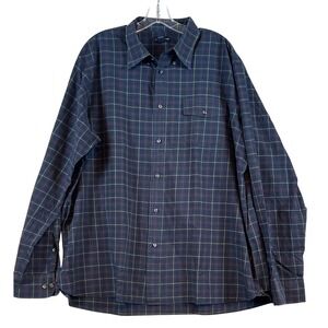 Lands End Mens XL Plaid Button Down Shirt Navy Blue Long Sleeve Cotton Pocket‎